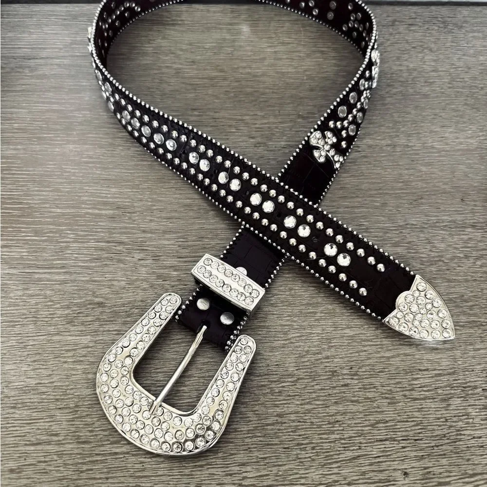 Crystal Rhinestone Silver Buckle Brown Cross Belt S/M